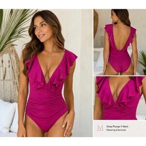 J.Crew Ruffle Plunge One Piece Swimsuit Pink Size 8 NWT